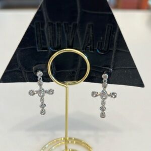 Luv AJ Mini Bezel Stone Cross Studs in Silver